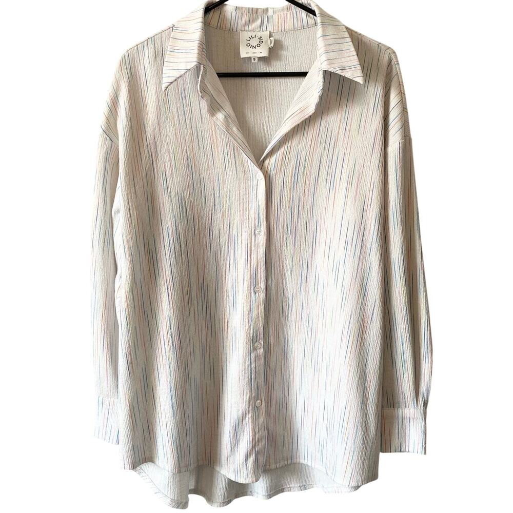 LILI SIDONIO Artsy Urban Pop Oversized Button Down Blouse Multicolor White Small